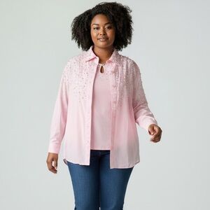 Quacker Factory Pink Beaded 2 pc shirt tank M Blouse cottage core coquette NWT